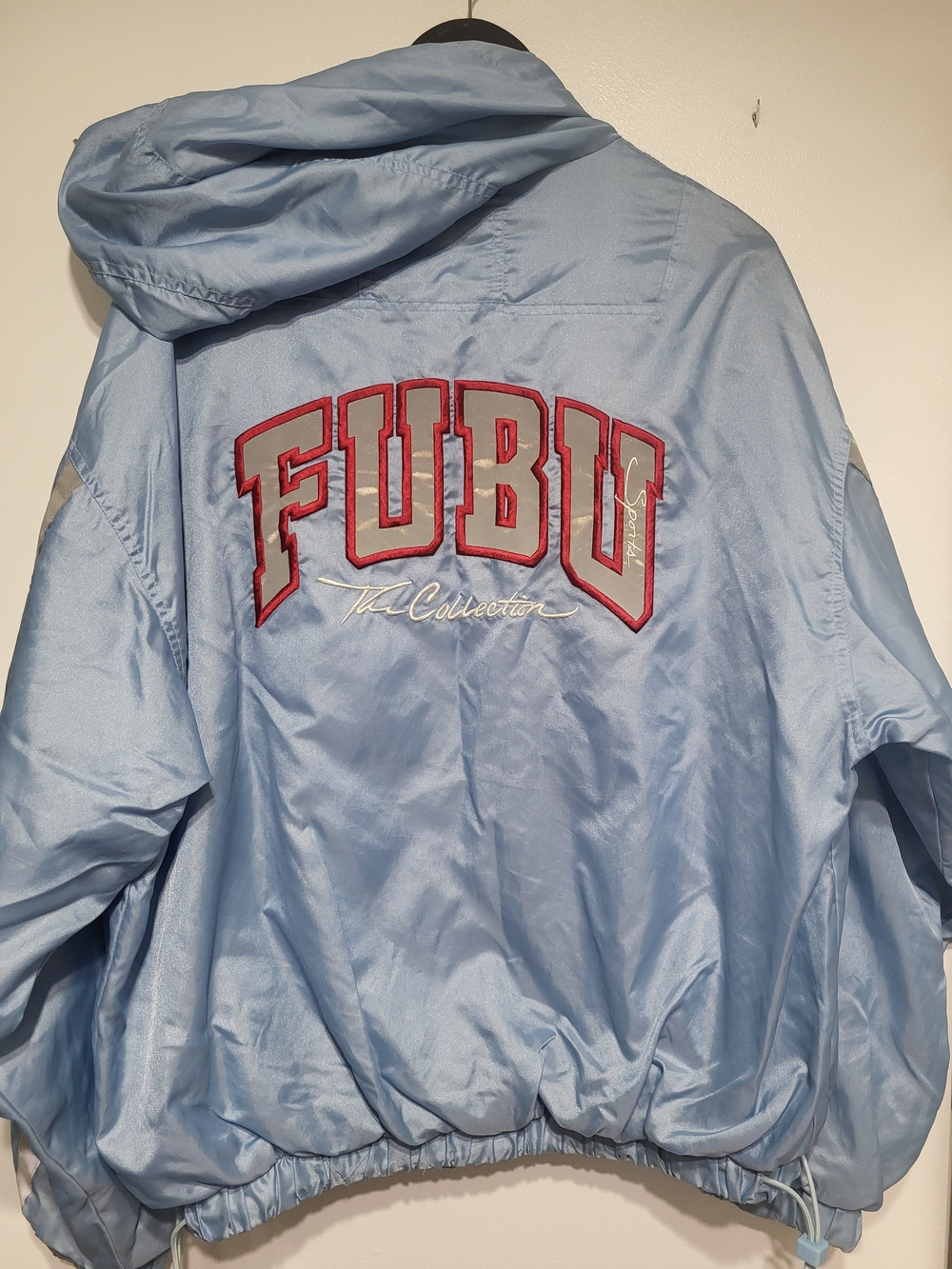 FUBU Light Blue Hooded Windbreaker with Red Logo